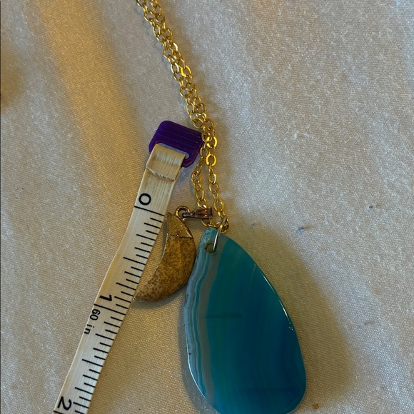 Elegant Blue Agate Slice and Jasper Moon Pendants on 23” Gold Tone Chain - Picture 8 of 12